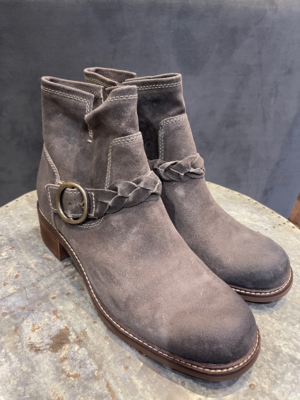 Sofft Gray Suede Ankle Booties with Braided Accent